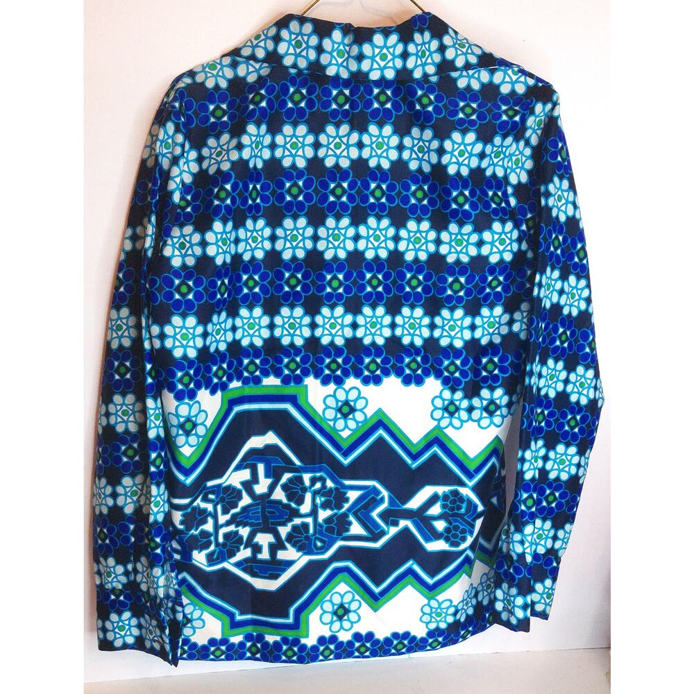 Vtg 70s Lanvin Paris Psychedelic Op Art Mod Graphic Dagger Collar Blouse 18 READ - Picture 2 of 11